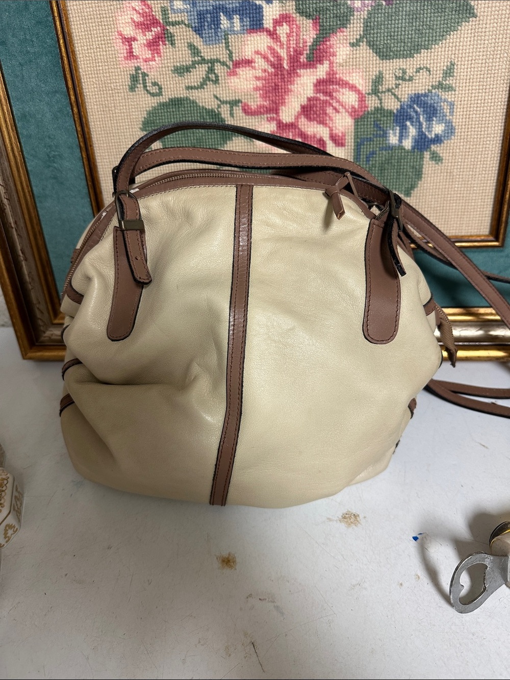 Cream and Brown Leather Hobo Shoulder Bag